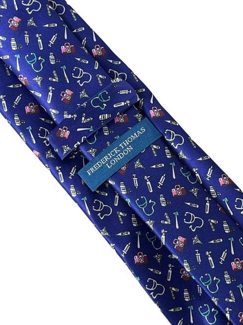 royal blue tie with medical equipment design